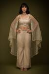 Buy_Farha Syed_Ivory Organza, Chanderi, Taffeta Cutdana Embroidered Floral Cape Pant Set _Online_at_Aza_Fashions