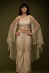 Shop_Farha Syed_Ivory Organza, Chanderi, Taffeta Cutdana Embroidered Floral Cape Pant Set _Online_at_Aza_Fashions
