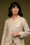 Farha Syed_Ivory Handloom Tissue Chanderi Embroidered Scallop Zari Jacket Draped Skirt Set _Online_at_Aza_Fashions