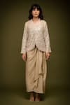 Farha Syed_Ivory Handloom Tissue Chanderi Embroidered Scallop Zari Jacket Draped Skirt Set _at_Aza_Fashions