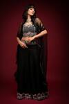 Buy_Farha Syed_Black Linen, Silk Beads, Feathers, Cut Embellished Cape Cutwork Bustier Set _at_Aza_Fashions