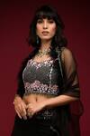 Farha Syed_Black Linen, Silk Beads, Feathers, Cut Embellished Cape Cutwork Bustier Set _Online_at_Aza_Fashions