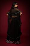 Shop_Farha Syed_Black Linen, Silk Beads, Feathers, Cut Embellished Cape Cutwork Bustier Set _at_Aza_Fashions