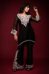 Shop_Farha Syed_Black Pure Organza Embroidered Cutdana V-neck Floral Cutwork Kurta With Pant _Online_at_Aza_Fashions