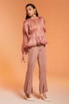 Shop_Enness Studio_Peach Organa Textured Round Evera Ruched Top And Slit Pant Co-ord Set _at_Aza_Fashions