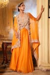 Buy_Nehha Nhata_Orange Organza Hand Embroidered Floral Waist Coat V Neck Cape With Sharara _at_Aza_Fashions