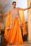 Nehha Nhata_Orange Organza Hand Embroidered Floral Waist Coat V Neck Cape With Sharara _Online_at_Aza_Fashions