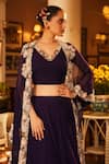 Buy_Nehha Nhata_Purple Georgette Hand Embroidered Floral Blouse V Neck Cape Lehenga Set _Online_at_Aza_Fashions