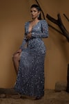 Buy_Ambrosia_Blue Shell 100% Nylon Mesh Embellished Sequins Plunging Nebula Swirl Maze Gown _at_Aza_Fashions