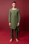 Buy_Ridhimaa Gupta_Green Viscose Raw Silk Embroidered Satya Quilted Asymmetric Sherwani Set _at_Aza_Fashions