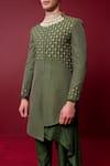 Ridhimaa Gupta_Green Viscose Raw Silk Embroidered Satya Quilted Asymmetric Sherwani Set _Online_at_Aza_Fashions