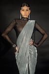 Nikhil Thampi_Silver Volvo Embellished Shimmer Pre-draped Saree With Sheer Bodysuit  _at_Aza_Fashions