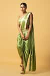 Buy_Quench A Thirst_Green Modal Satin Embroidered Bead Lace Border Pre-draped Saree Blouse Set _Online_at_Aza_Fashions