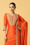 Buy_Quench A Thirst_Orange Chanderi Silk Embroidered Bead V-neck Floral Sequin Kurta Pant Set _Online_at_Aza_Fashions