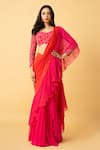 Buy_Quench A Thirst_Orange Georgette Embroidered Bead Ombre Pre-draped Ruffle Saree With Blouse _at_Aza_Fashions