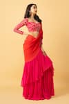 Quench A Thirst_Orange Georgette Embroidered Bead Ombre Pre-draped Ruffle Saree With Blouse _Online_at_Aza_Fashions