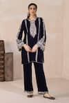 Buy_Inej_Blue Velvet Sequins, Embroidery Round Neck Kashmiri Kurta And Pant Set _at_Aza_Fashions