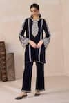 Buy_Inej_Blue Velvet Sequins, Embroidery Round Neck Kashmiri Kurta And Pant Set _Online_at_Aza_Fashions