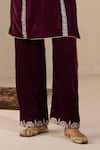 Inej_Maroon Velvet Sequins, Embroidery Round Neck Kashmiri Kurta And Pant Set _Online_at_Aza_Fashions