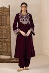 Buy_Inej_Maroon Velvet Embroidery Round Neck Floral Anarkali And Salwar Set _at_Aza_Fashions