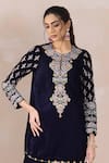 Shop_Inej_Blue Velvet Embroidery, Sequins, Zari Round Kashmiri Floral Kurta And Gharara Set _at_Aza_Fashions