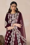 Inej_Maroon Organza Embroidered Floral Border Dupatta _at_Aza_Fashions