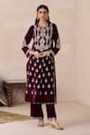 Inej_Maroon Velvet Embroidered Floral Round Straight Kurta And Pant Set _Online_at_Aza_Fashions