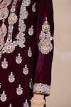 Inej_Maroon Velvet Embroidered Floral Round Straight Kurta And Pant Set _at_Aza_Fashions