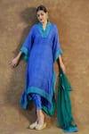 Buy_Farha Syed_Blue Mul Chanderi Silk Embroidered Lace V Neck Kurta Dhoti Pant Set _Online_at_Aza_Fashions