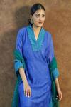 Farha Syed_Blue Mul Chanderi Silk Embroidered Lace V Neck Kurta Dhoti Pant Set _at_Aza_Fashions