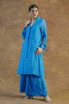 Buy_Farha Syed_Blue Mul Chanderi Silk Embroidered Thread Lapel Collar Coat And Palazzo Set _at_Aza_Fashions