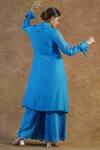 Shop_Farha Syed_Blue Mul Chanderi Silk Embroidered Thread Lapel Collar Coat And Palazzo Set _at_Aza_Fashions