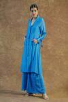 Farha Syed_Blue Mul Chanderi Silk Embroidered Thread Lapel Collar Coat And Palazzo Set _Online_at_Aza_Fashions