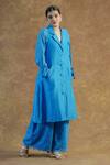 Farha Syed_Blue Mul Chanderi Silk Embroidered Thread Lapel Collar Coat And Palazzo Set _at_Aza_Fashions