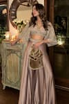 Roqa_Silver Modal Satin Starlyn Floral Jaal Crystal Embellished Palazzo Set _Online