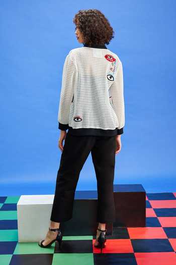Shop_Shilpi Gupta_White Crepe Sequins, Beads, Embroidery High Evil Eye Applique Bomber Jacket _at_Aza_Fashions