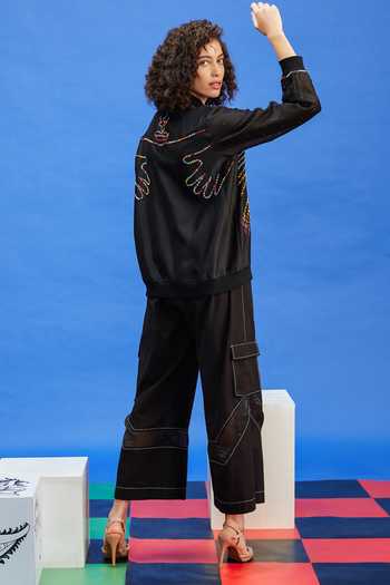 Shop_Shilpi Gupta_Black Chanderi, Ramie Beads, Embroidery High Neck Floral Bomber Jacket _at_Aza_Fashions