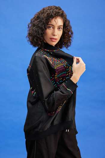 Shilpi Gupta_Black Chanderi, Ramie Beads, Embroidery High Neck Floral Bomber Jacket _Online_at_Aza_Fashions