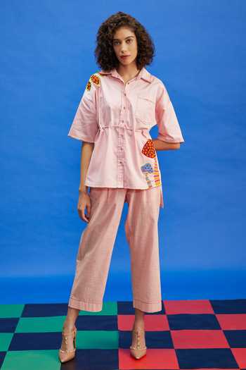 Buy_Shilpi Gupta_Pink Cotton Satin Embroidery Collared Mushroom Applique Shirt With Pant _at_Aza_Fashions