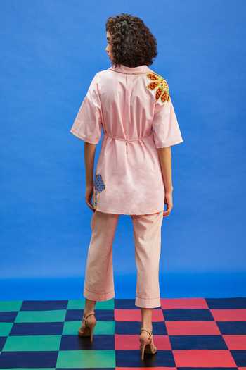 Shop_Shilpi Gupta_Pink Cotton Satin Embroidery Collared Mushroom Applique Shirt With Pant _at_Aza_Fashions