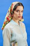 Shilpi Gupta_Blue Organza Embroidered Resham High Collar Bead Floral Dress _at_Aza_Fashions