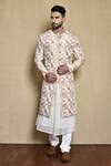 Buy_Arihant Rai Sinha_White Silk, Cotton Embroidery Floral Woven Sherwani Anarkali Set_at_Aza_Fashions