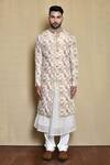 Shop_Arihant Rai Sinha_White Silk, Cotton Embroidery Floral Woven Sherwani Anarkali Set_Online_at_Aza_Fashions