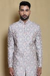 Shop Arihant Rai Sinha Blue Silk Floral Jaal Pattern Sherwani Set Online at Aza Fashions Shop_Arihant Rai Sinha_Blue Silk Floral Jaal Pattern Sherwani Set_Online_at_Aza_Fashions