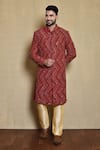 Buy_Arihant Rai Sinha_Red Silk Embroidery Mirror Chevron Sherwani Set _at_Aza_Fashions