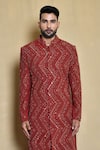 Buy_Arihant Rai Sinha_Red Silk Embroidery Mirror Chevron Sherwani Set _Online_at_Aza_Fashions