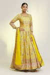 Buy_Samyukta Singhania_Yellow Soft Dola Silk Print Gardenia Round Neck Anarkali With Dupatta _at_Aza_Fashions