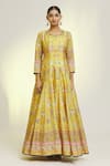 Samyukta Singhania_Yellow Soft Dola Silk Print Gardenia Round Neck Anarkali With Dupatta _Online_at_Aza_Fashions