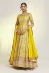 Samyukta Singhania_Yellow Soft Dola Silk Print Gardenia Round Neck Anarkali With Dupatta _at_Aza_Fashions