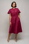 Buy_Leh Studios_Maroon 100% Viscose Mandarin Collar Ruffle Sleeve Midi Dress  _at_Aza_Fashions